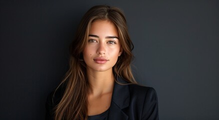 Fototapeta premium Portrait of a Woman With Long Brown Hair Wearing a Black Blazer Against a Dark Background