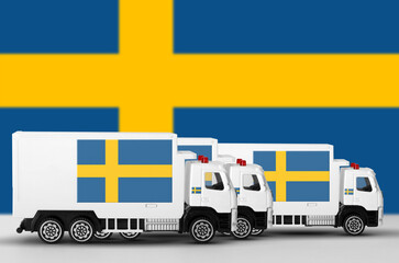 Sweden flag depicted on side wall of white delivery van close up. Shipping and local delivery concept