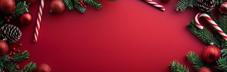 Red Christmas Background With Pine Branches, Ornaments, and Candy Canes