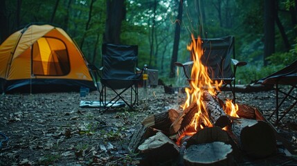 Campfire burning brightly in the foreground with a tent and camping chairs set up in a forest at dusk