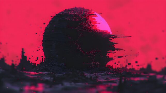 Surreal Digital Landscape with Glitch Effect and Pink Moon