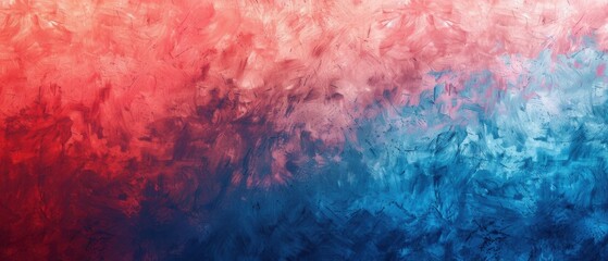 Fototapeta premium A vibrant abstract painting with a gradient blend from warm red hues to cool blue tones. Textured brushstrokes create a dynamic and lively atmosphere.