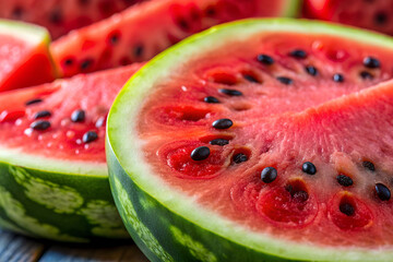 Close up shot of watermelon background with juicy red flesh and black seeds, fruit, red, seed, summer, watermelon.