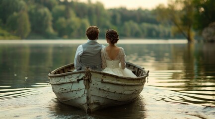 Bride and Groom Rowing in a Wooden Boat on a Lake Surrounded by Lush Green Trees