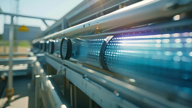 A closeup shot of the solar panels on a water filtration device capturing the rays of sunlight powering the system.