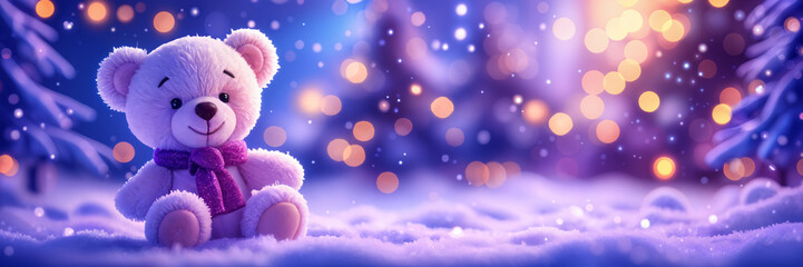 Fototapeta premium Cute teddy bear sitting on the snow, wearing a pink scarf and surrounded by sparkling lights that create a festive atmosphere.