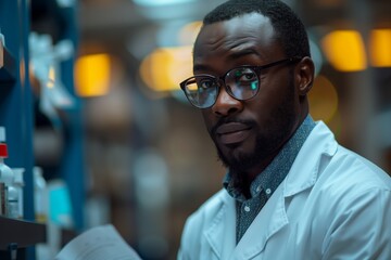 Fototapeta premium African American Male Scientist Working in a Laboratory at Night