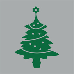 Flat green Christmas tree on gray background. Vector