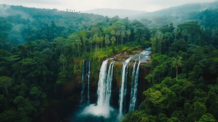 Gorgeous waterfall surrounded by verdant tropical vegetation in Sri Lanka.