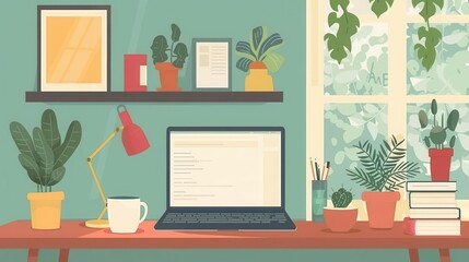 Remote work essentials close up on home office setup on cozy office nook