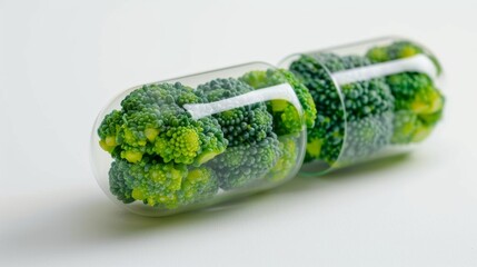 A conceptual image showing broccoli inside a transparent capsule, possibly symbolizing health supplements