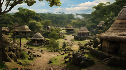 Panorama of an ancient Mayan village, old streets with huts with hay roofs.