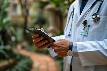 Doctor Reviewing Notes on a Clipboard in an Outdoor Setting