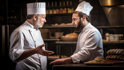 Portrait of a strict gesturing chef talking to a subordinate and explaining something.
