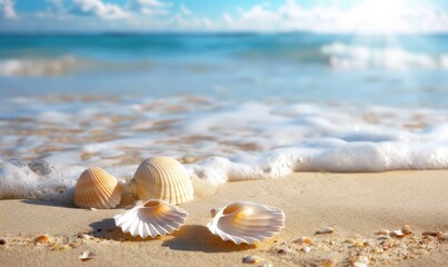 A beach scene with a starfish and shells on the sand. Free copy space for text.