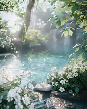 Spa ext&eacute;rieur avec bassin turquoise et fleurs blanches