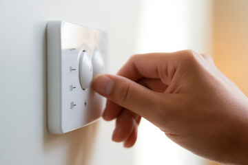 A close hand adjusting the thermostat and temperature in the house.