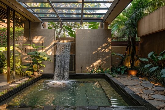 Spa int&eacute;rieur avec piscine, cascade et v&eacute;g&eacute;tation