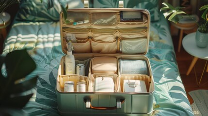 An open travel bag filled with toiletries and essential items, ready for a trip.  The bag is sitting on a bed with a green sheet.
