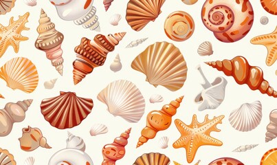 A pattern of seashells and starfish on a white background. Vector illustration.