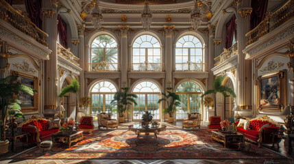 Fototapeta premium Opulent Luxury Interior of Grand Living Room in Sunlit Mansion with Lavish Furnishings and Elegant Décor Featuring High Ceilings, Large Windows, and Ornate Chandeliers