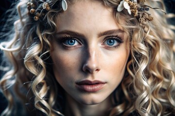 Fototapeta premium A deep, emotional portrait. The face of a young girl without makeup with expressive eyes and light curly hair. Natural female beauty.