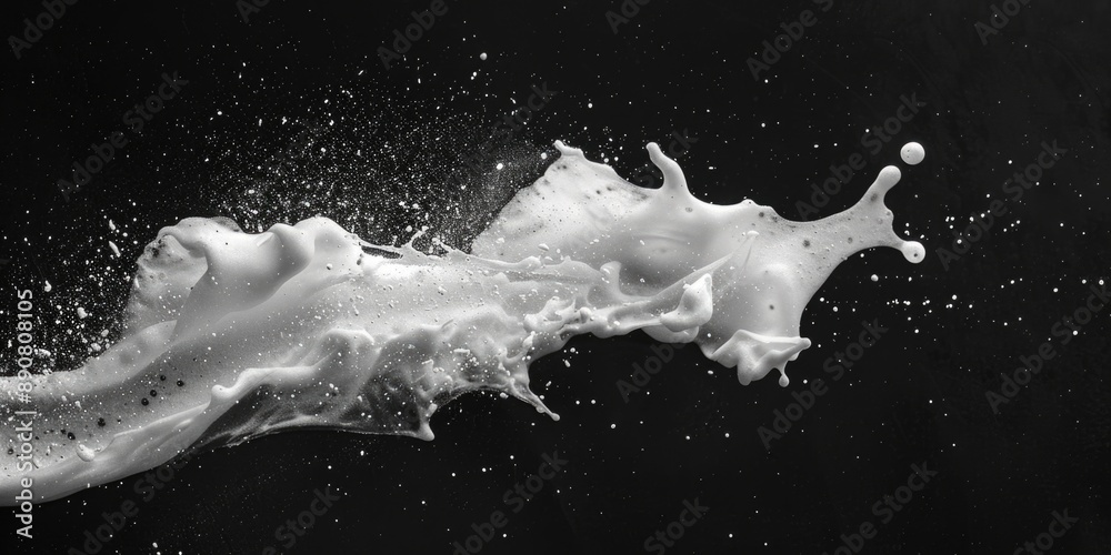 Poster A close-up view of a splash of milk on a dark background, perfect for use in illustrations or as a symbol of purity