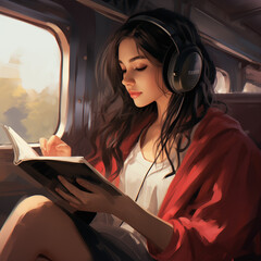 woman reading a read on a train