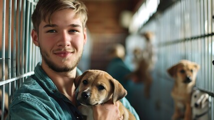 Portrait of a young handsome adult male worker in an animal shelter
