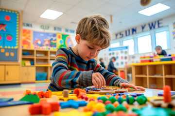 Boy playing with colorful educational toys in a vibrant classroom