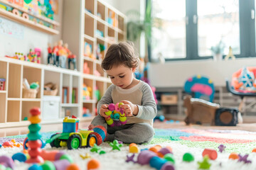 Toddler playing with colorful toys on a carpet in a bright playroom