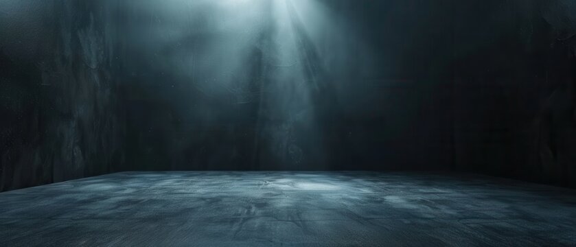A dark, empty room with a misty atmosphere and beams of light from above. The mood is eerie and mysterious.