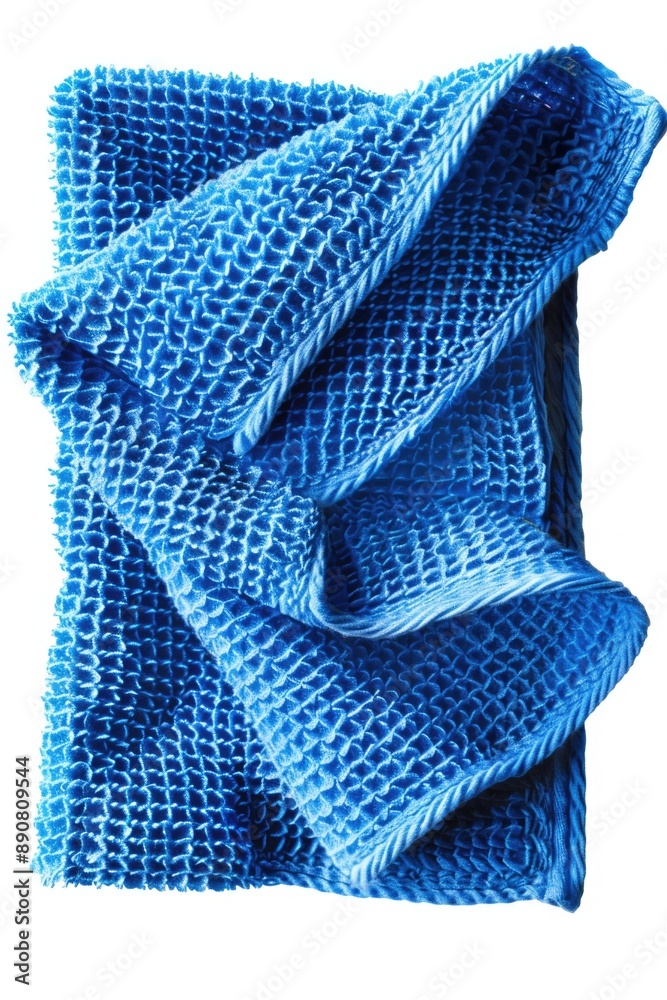 Poster a close-up of a blue towel on a white background, suitable for use in design or photography projects