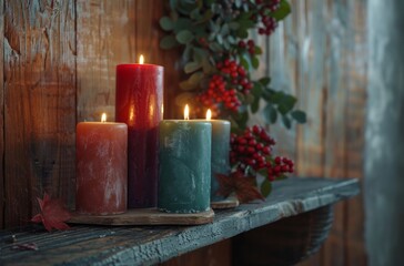 Four Burning Candles on a Rustic Wooden Shelf With Red Berries