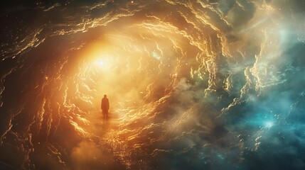Fototapeta premium A surreal scene unfolds as a figure descends into an ethereal abyss of light, their form disappearing into the depths. 