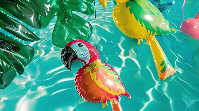 Get lost in the jungle with inflatable palm leaves monkeys and parrots dangling above your pool transporting you to a tropical oasis.