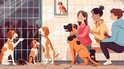 Happy family choosing a dog at animal shelter