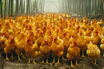 Many yellow chicken in poultry farm