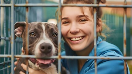 Cheerful volunteer with dog in shelter