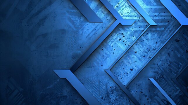 Blue triangle background with arrow and paper layer overlap for text, message, or artwork with a maximum character count of 100. 