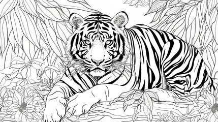 Fototapeta premium Design lined coloring pages featuring beautiful tigers. 
