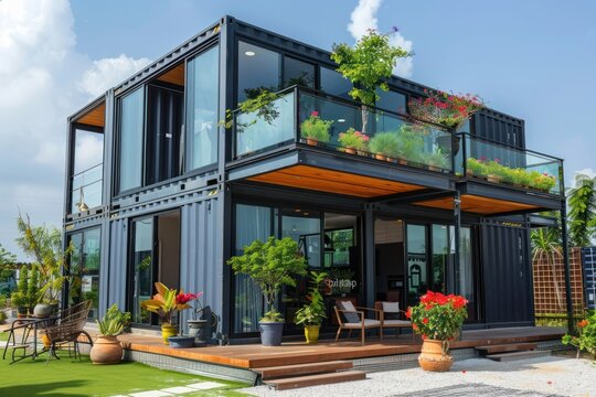 Modern shipping container house home in sunny day. Shipping container houses is sustainable, eco-friendly living