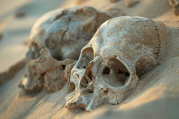 Naklejka premium Ancient skulls partially buried in the sand, evoking a sense of history, archaeology, and mystery.