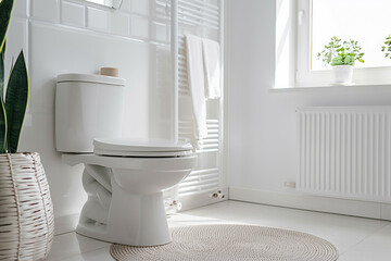 A modern, clean bathroom with a white toilet, bright light, and plants, emphasizing hygiene and freshness.