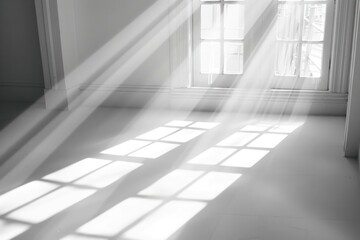 Obraz premium Natural light rays casting minimal shadows on white wall, trace monotone