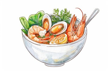 A delightful watercolor depiction of a bowl of bouillabaisse, created in kawaii style, isolated on a white background
