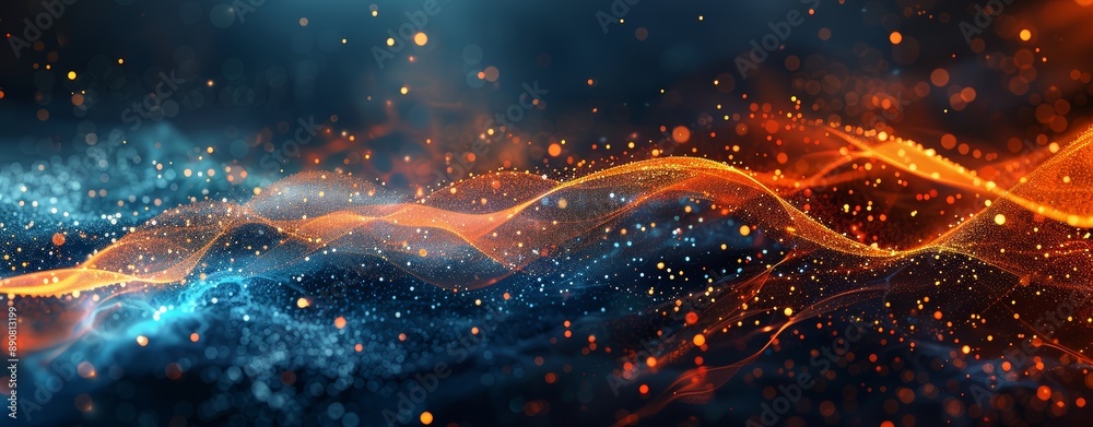 Wall mural abstract background with smooth wavy lines in blue, orange and golden colors, modern wallpaper patte