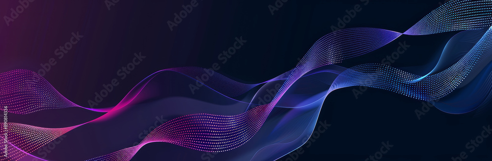 Wall mural abstract, elegant blue and purple waves on dark background with empty space for text. modern technol