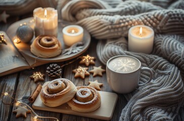 Cozy Winter Scene With Cinnamon Rolls, Candles, and Pine