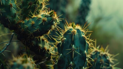 A close-up view of a cactus plant with thick, waxy stems and sharp spines